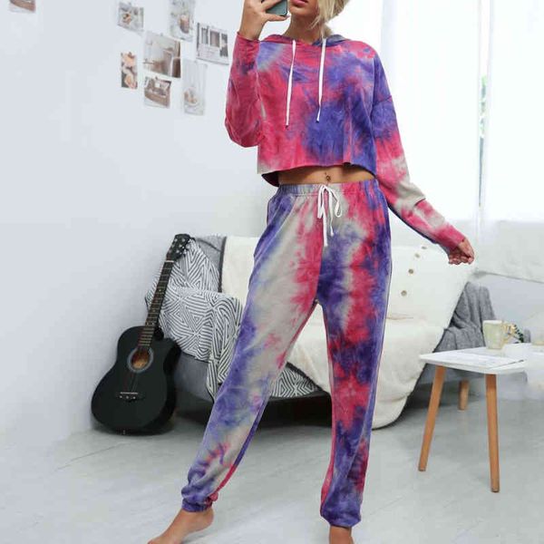 Sweat à capuche d'automne et d'hiver avec cordons de serrage à manches longues Tie-Dye Casual Sports Suit Pull Femme Deux pièces Ensemble Top et pantalon 210514