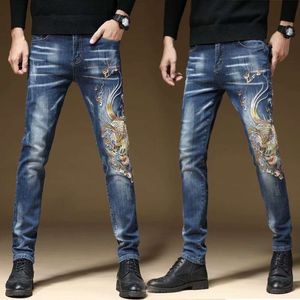 Jeans d'automne et d'hiver pour hommes, marque de mode nationale, pantalon brodé Kirin, élastique, Slim Fit, pieds, chine-chic