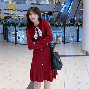 Automne et hiver Corée Femmes Élégant Genou Longueur Robe Bow Tie Cou Lady Tricot Casual Manches Longues Robes 210506