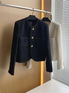 Herfst en winter Koreaanse mode zwart-wit tweed jasje elegante dames dubbele zak goud enkele borst wollen jas 240123