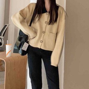 Herfst en Winter Koreaanse stijl Franse Turn Down Collar Knittd Cardigans Womens Vintage Sweaters Vesten Womens (C9889) 210423