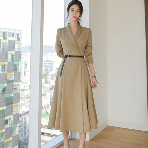 Herfst en Winter Koreaanse stijl ol temperament pak kraag taille grote rok professionele lange windjas 210520