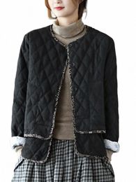 Otoño e invierno literario retro estilo étnico parche Cott y lino acolchado chaqueta acolchada cálida rombo chaqueta acolchada mujer Top a6yy #