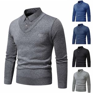 Faux pull deux pièces pour hommes, automne et hiver, avec polaire, coupe ajustée, col Polo, bas tricoté, chemise épaisse et chaude, 240112