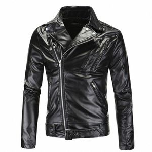 Otoño e invierno Solapa de los hombres Slim Fit Wed PU Chaqueta de cuero Chaqueta de cuero de la motocicleta Punk Rock Busin Chaqueta u1Gw #