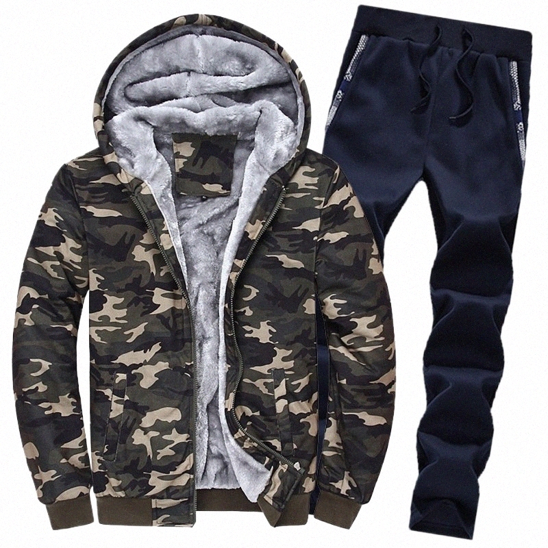 Herfst en winter heren tweedelig nieuw pluche heren sportkleding trui pak extra groot slank en dik thermisch camouflagepak t5j4#