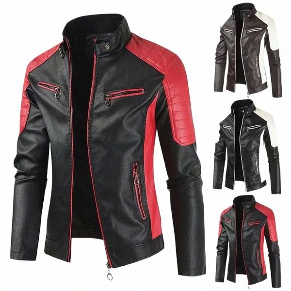 Automne et hiver vêtements pour hommes col montant moto résistant au froid vêtements de travail pour hommes manteau en cuir coupe ajustée, manteau chaud et frais 54H1 #