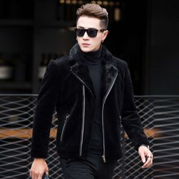Automne et hiver fourrure de vison doré hommes moto vêtements décontracté à la mode veste épaissie chaud costume col manteau tendance 5TUX