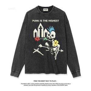 Otoño e invierno Nueva camiseta de manga larga con ilustración de punk rock americano, suelta, lavada, con cuello redondo para hombres y mujeres, signo de moda