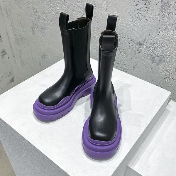 Automne et hiver nouvelles bottes Chelsea élévatrices à semelles épaisses en cuir noir violet B V bottes de moto à tête ronde à mi-cylindre bottes britanniques rétro Tailles 35-46 + boîte