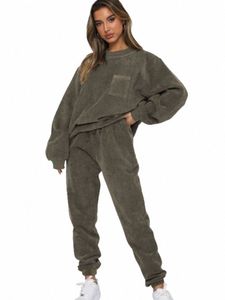 herfst en winter nieuwe corduroy effen kleur trui lg mouw vrouwelijk pak casual sport fi broek voor dames 2-delige set f1Ov #