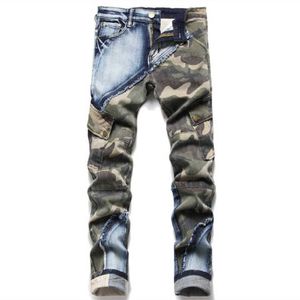 Automne et hiver nouveau décalcomanie élastique camouflage travail couleur coupe ajustée jean personnalisé mode fourrure bord poches pantalons pour hommes P230522