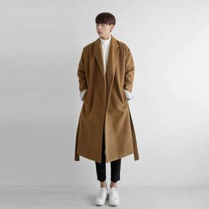 Manteau en laine de coton pour hommes, nouvelle édition coréenne, coupe-vent chaud mi-long, ceinture décontractée, automne et hiver