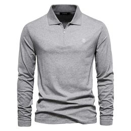 Automne et hiver nouveau POLO à manches longues brodé hommes décontracté dessus de couleur unie fermeture éclair col rabattable pur coton Polo