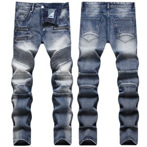 Herfst en winter nieuwe heren vintage patchwork jeans trendy gepersonaliseerde slanke fitting kleine voet motorfiets broek