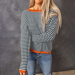 Pull tricoté en pur coton pour femme, haut à manches longues, rayé, couleur, Design de Collision, épaules tombantes, nouvelle collection automne et hiver