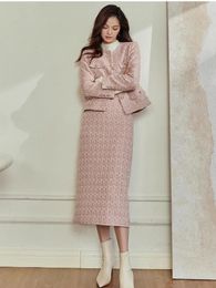Herfst en winter roze dames colbert rok set elegante jas top lang kantoor dame tweed tweedelig 240202