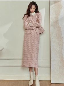 Herfst en winter roze dames colbert rok set elegante jas top lang kantoor dame tweed tweedelig 240226