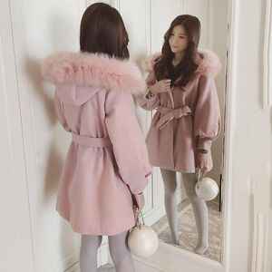 Abrigo de lana rosa de otoño e invierno para mujer 2021, fajas holgadas coreanas con capucha, chaqueta de lana de oficina de manga larga para mujer F2122, mezclas para mujer