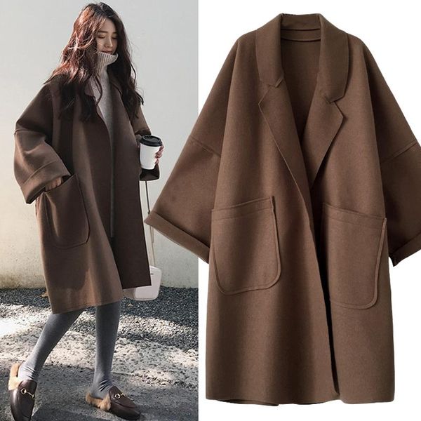 Mezcla de lana para mujer, abrigos de talla grande para mujer, abrigo fino de lana para otoño e invierno, chaqueta cortavientos holgada de longitud media para hermana gorda, marea de 200 Kg