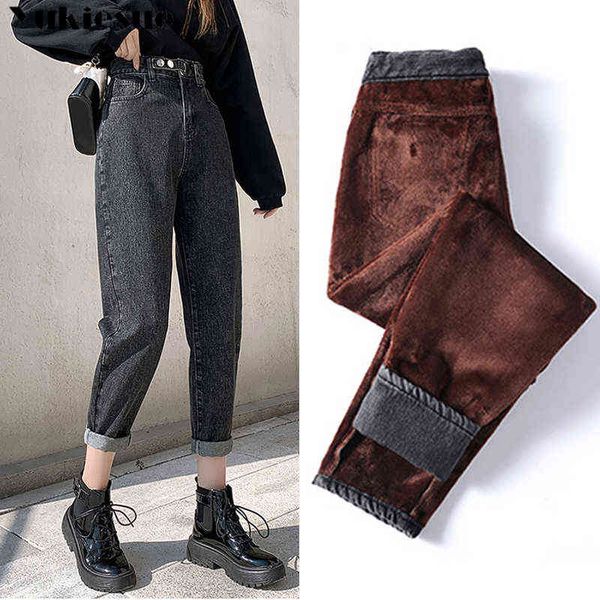 Automne et hiver plus velours chaud rétro jeans femmes lâche droite taille haute sarouel femmes neuvième noir 211129