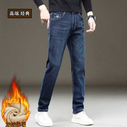Herfst- en winterpluche jeans voor heren, elastische, rechte pasvorm, hoogwaardige zakelijke oversized trendy casual broek