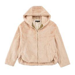 Herfst en winter Product Mode Effen Kleur Zipper Hooded Warm Faux Bont Effect Jas All-match Short Dameskleding 210521