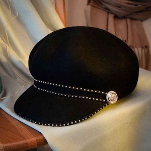 Herfst en winter klinknagel achthoekige hoed vrouwelijke Britse literaire baret veelzijdige mode wol Tweed eenden tong top