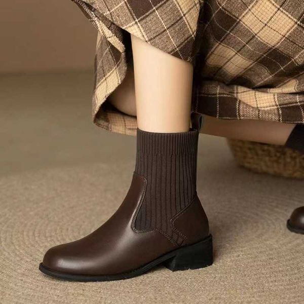 Botas Martin Retro de cabeza redonda de otoño e invierno, botines planos de tacón grueso con tejido de mosca para mujer, botas cortas, botas tipo calcetín elásticas de punto 1018231