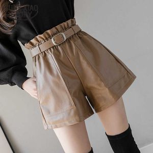 Herfst en Winter Shorts Mode Zwarte PU Lederen Shorts Dames Tailleband Effen Kleur Hoge Taille Wide Been Shorts Dames 11091 210528