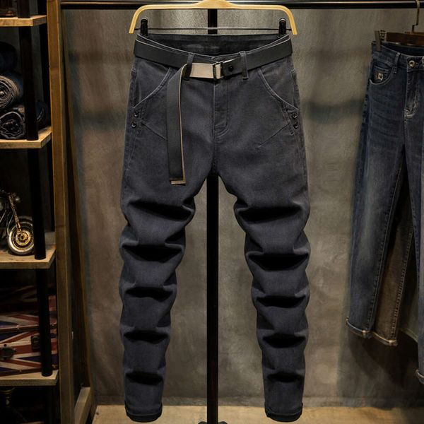 Pantalones vaqueros elásticos con bolsillos inclinados para hombre, de felpa, gruesos, ajustados y con pies pequeños, otoño e invierno, nuevos y versátiles, color negro, 2023