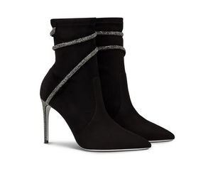 Botas elásticas con diamantes de imitación envueltas en serpiente de otoño e invierno, botas cortas puntiagudas de tacón fino sexy, zapatos de mujer, zapatos de moda cómodos y versátiles