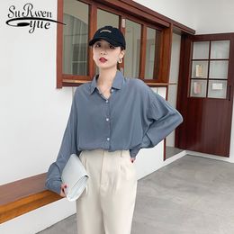 Herfst en winter Solid Shirts Turn-down Collar Silky Blouses Womens Tops Camisas Mujer Button 6317 50 210508