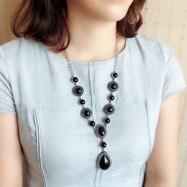 Automne hiver chandail chaîne turquoise goutte d'eau collier femme pierre noire rétro exotique bijoux pendentif