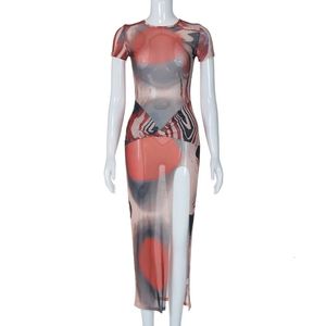 Autumn en Winter Tie Dye Printing Network Bodycon Maxi Split Dress Women's Short Sleved Y2K Long Dress Vestido Party Club Nieuw 240116