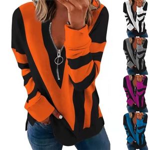 Herfst en Winter Tops Dames V-hals Zipper Streep Afdrukken T-shirt Lange mouwen Casual Plus Size Pullover Dames Top 220407