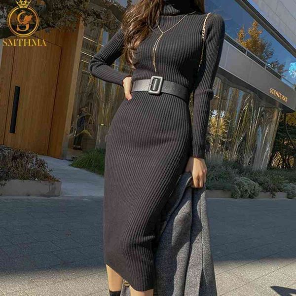 Otoño e invierno Cuello alto Manga larga Suéter de punto Vestidos Mujeres Negro Casual Slim Robe Vestido con cinturón 210520