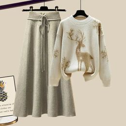 Conjunto de dos piezas de otoño e invierno para estilo de mujer, suéter suelto y perezoso para mujer, media falda de punto delgada, cálida 231225