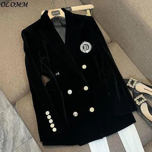 Otoño e invierno abrigo de traje de terciopelo de alta calidad versátil delgado medio Festival chaqueta negra mujeres coreanas Tops 240103