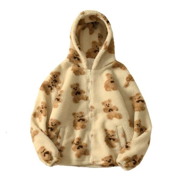 Manteau à capuche épais et décontracté pour femme, motif de dessin animé, ours, poche zippée, manteau en peluche, automne et hiver