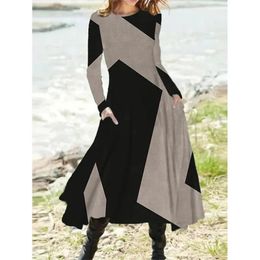 Robe trapèze à manches longues pour femmes, Style ethnique, loisirs, mode rétro, imprimé géométrique, robes à col rond, automne et hiver, 240308