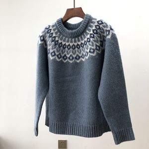 Herfst- en winterwollen verdikte trui met lange mouwen en ronde hals Vintage kleur contrasterende dijkbloem casual trui voor dames