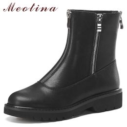 Automne Bottines Femmes Naturel Véritable Cuir Plat Court Zipper Round Toe Chaussures Dames Hiver Noir Taille 33-41 210517 GAI