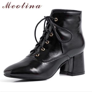 Automne bottines femmes en cuir verni épais talons hauts courts à lacets bout rond chaussures dame hiver rouge taille 33-43 210517