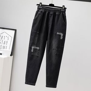 Herfst arts stijl plus size vrouwen jeans vintage borduurwerk patchwork losse zwarte katoen denim harembroek M663 210512