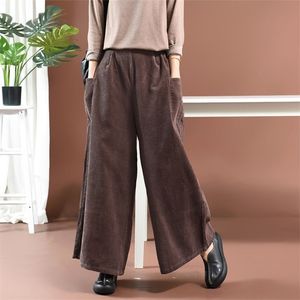 Automne Arts Style Femmes Taille élastique Corduroy Pantalon à jambes larges Grande poche Casual Pantalon vintage lâche S473 210512