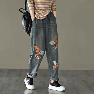 Herfst arts stijl vrouwen elastische taille losse casual jeans femme vintage borduurwerk katoen denim harembroek M322 210512