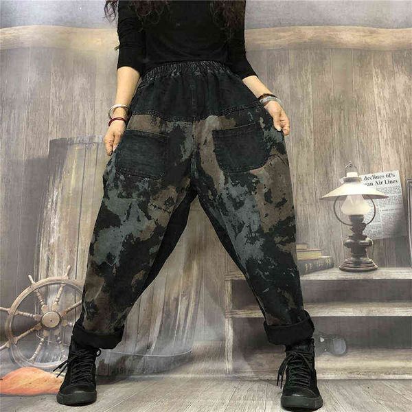 Automne Arts Style Femmes Taille élastique Lâche Casual Jeans Splice Vintage Imprimer Coton Denim Harem Pantalon Femme S264 211129