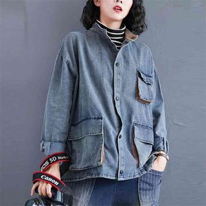 Automne Arts Style Femmes À Manches Longues Lâche Denim Manteau Simple Boutonnage Grande Poche Vintage Vestes Plus Taille M706 210512