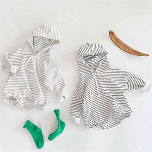 Herfst babyjongen meisje jumpsuit geboren streep lange mouwen hooded trui bodysuit katoen kruipen kleding 210816